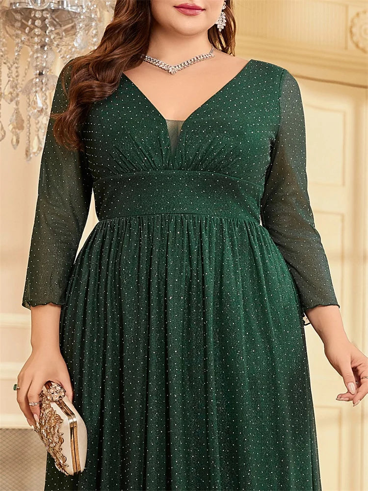 Plus Size Elegant Blue Chiffon V-Neck Evening Dress | XUIBOL