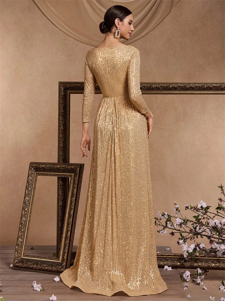 XUIBOL Elegant Sexy Deep V-Neck Sequins Evening Dress Luxury Women Long Sleeves Dress Wedding Party Cocktail Gown Gold Prom