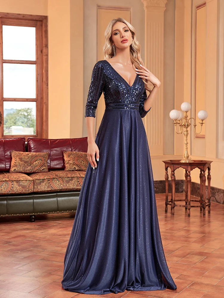 Plus Size Luxury Prom Dress Long V Neck A-Line Sequin With 3/4 Sleeve Blue Bridesmaid dress | XUIBOL