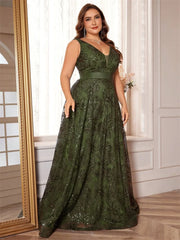 Luxury Sexy Deep V-Neck Sequins Green Evening Dress
