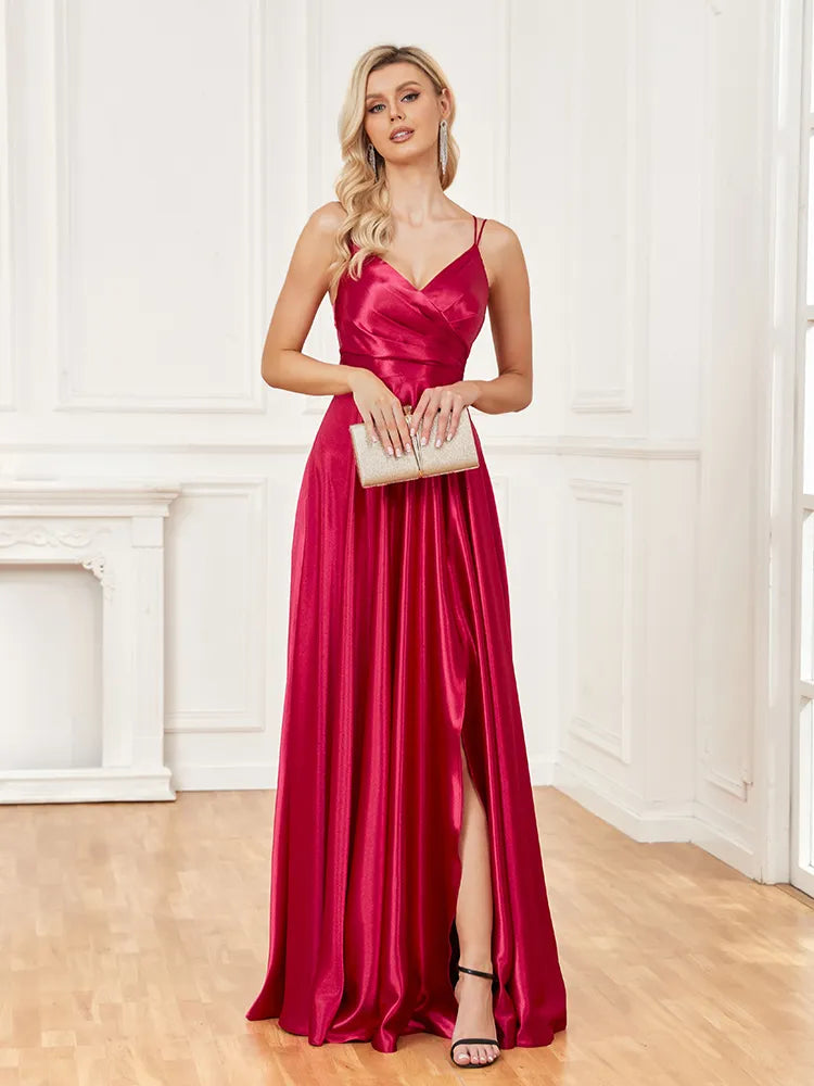 V-Neck Satin Sleeveless Blue Formal Evening Dress | XUIBOL