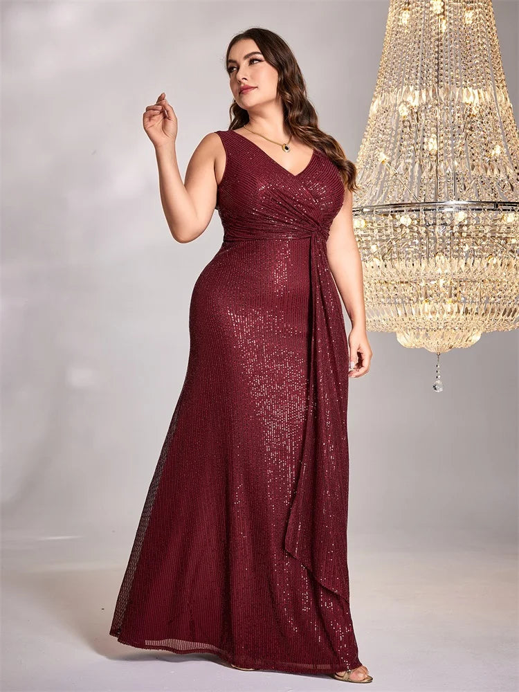 XUIBOL Plus Size elegant Women V-Neck Wedding Party Maxi Dress Sleeveless Sequins Evening Dress Long Prom Cocktail Dress