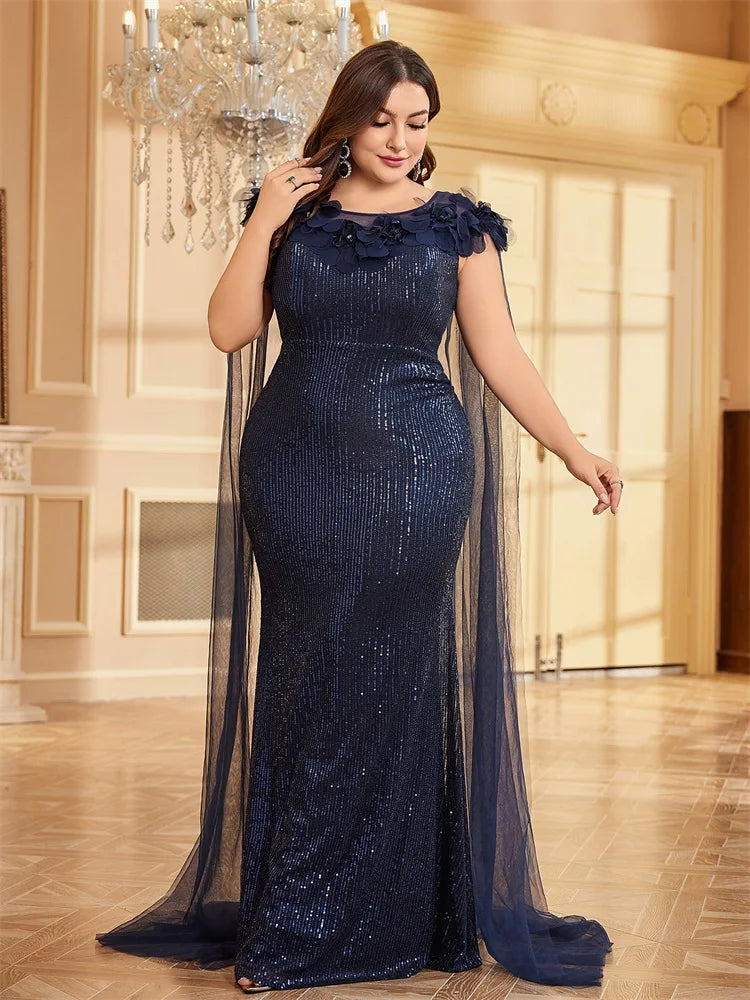 Plus Size Luxury Blue O-Neck Applique Sequin Evening Dresses | XUIBOL