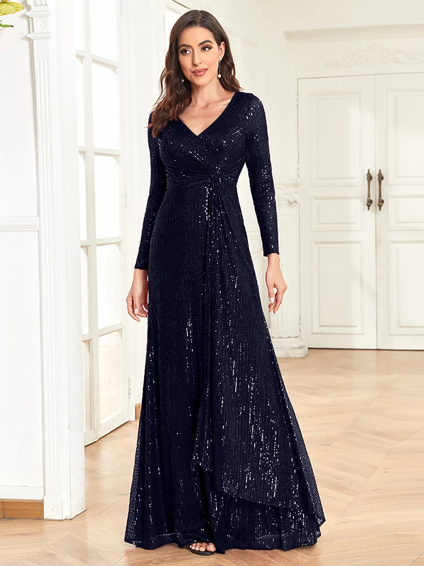 XUIBOL Luxury Long Sleeve V-Neck Evening Dress Women Wedding Party Sequins For Female Guests Red Prom Cocktail Dresses