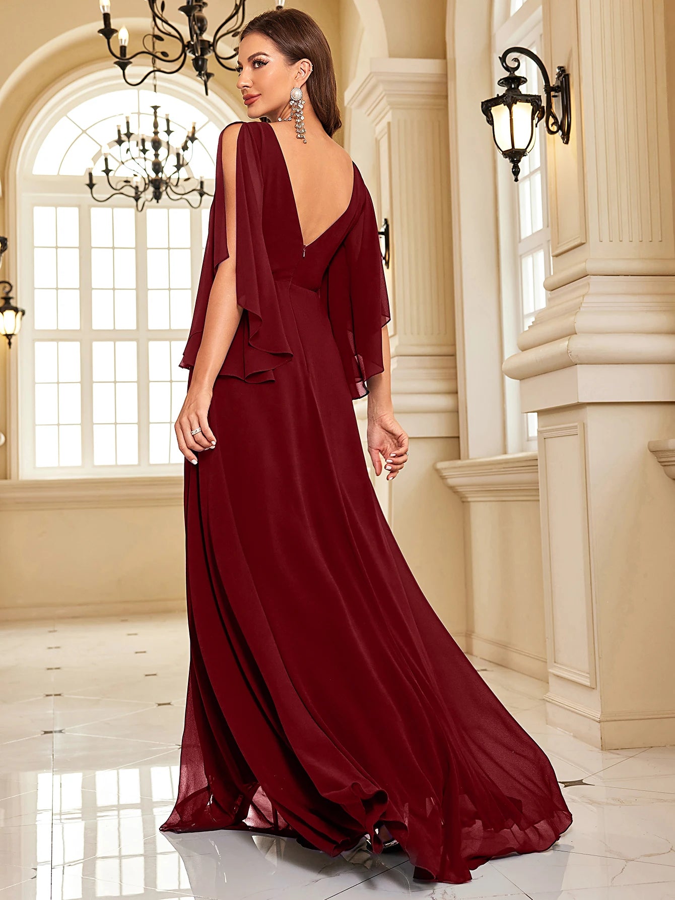 Chiffon Long Sleeve Navy Evening Dress Sexy High Split Women Dress | XUIBOL