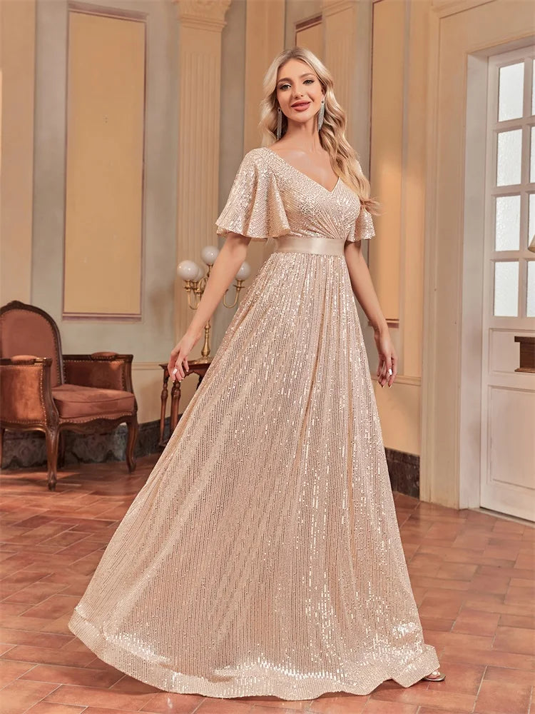 Plus Size Luxury V-Neck Short Sleeves Formal Evening Dress | XUIBOL