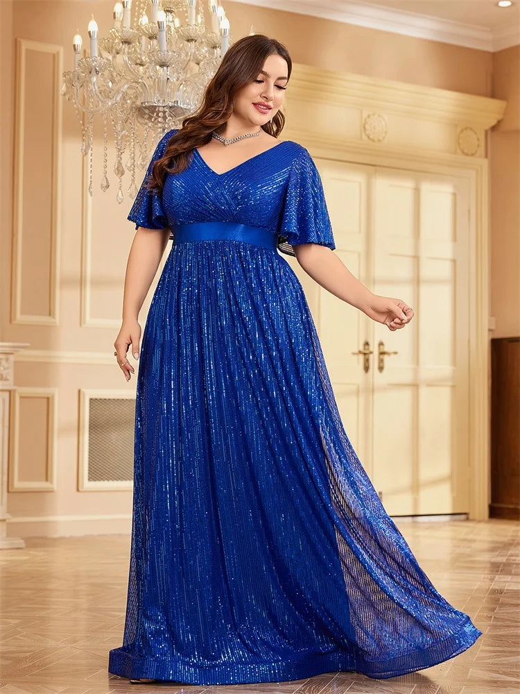 Plus Size Luxury V-Neck Short Sleeves Formal Evening Dress | XUIBOL
