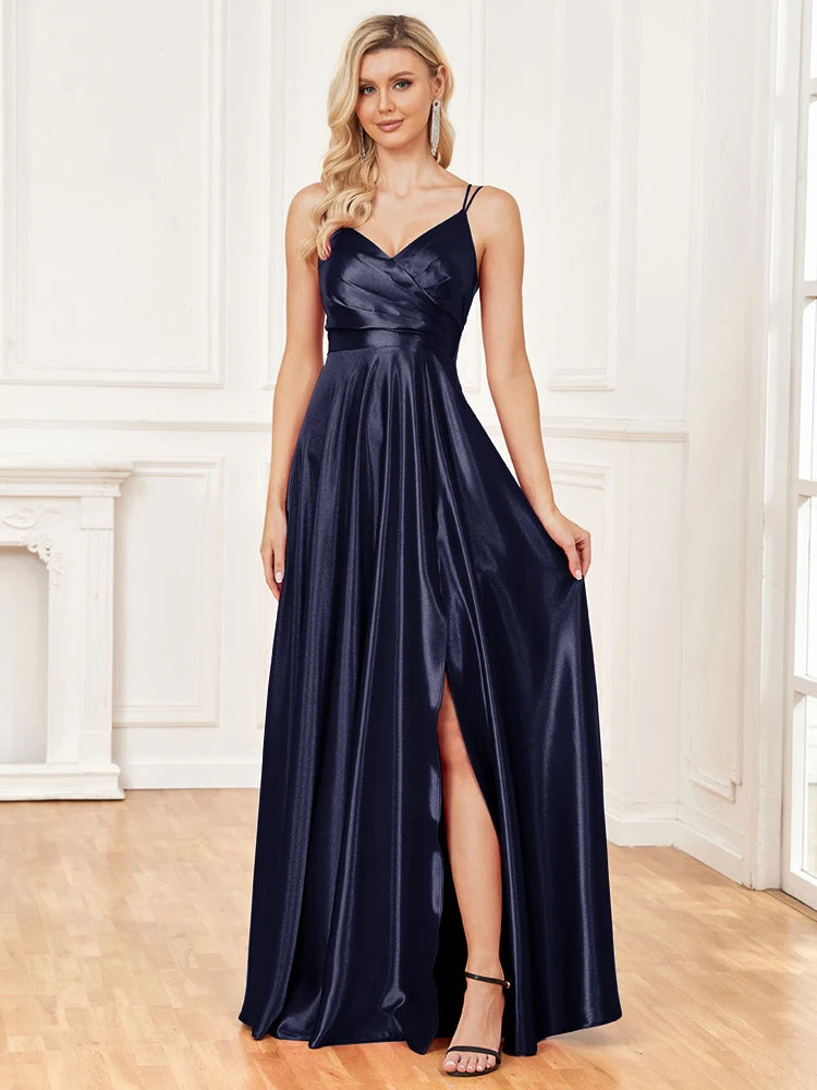 V-Neck Satin Sleeveless Blue Formal Evening Dress | XUIBOL