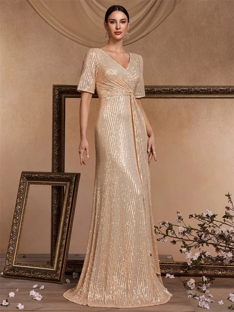 XUIBOL Luxury Floor Length Short Sleeves V-Neck Sequin Evening Dress Women Party Maxi Dress Long Formal Prom Cocktail Dress
