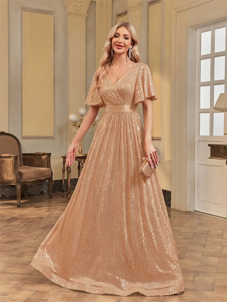 Plus Size Luxury V-Neck Short Sleeves Formal Evening Dress | XUIBOL