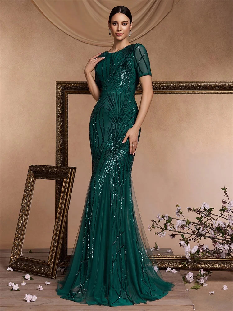 XUIBOL | Elegant Short Sleeves Sequins Gold Formal Evening Dress Women  Luxury Mermaid Bridesmaid Party Maxi Prom Gowns
