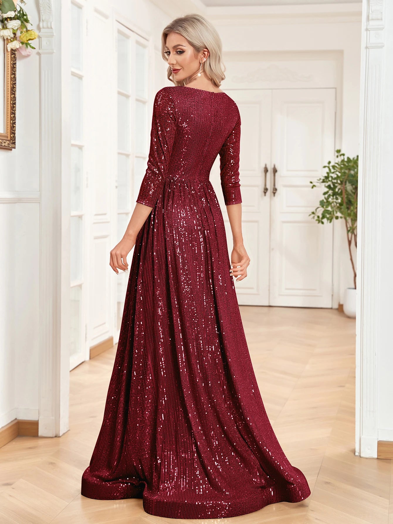 XUIBOL Elegant Sexy Deep V-Neck Sequins Evening Dress Luxury Women Long Sleeves Dress Wedding Party Cocktail Gown Gold Prom