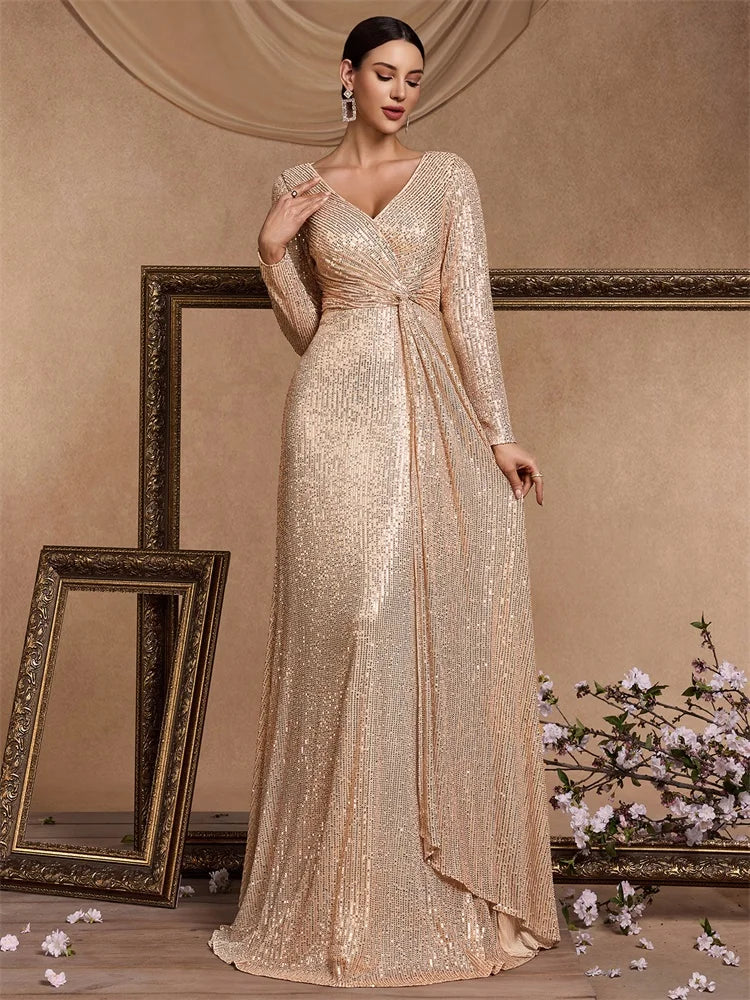XUIBOL Luxury Long Sleeve V-Neck Evening Dress Women Wedding Party Sequins For Female Guests Red Prom Cocktail Dresses