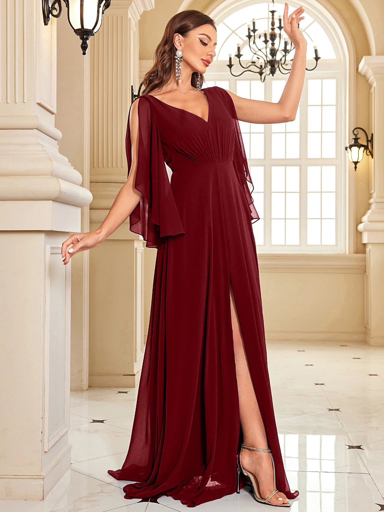 Chiffon Long Sleeve Navy Evening Dress Sexy High Split Women Dress | XUIBOL