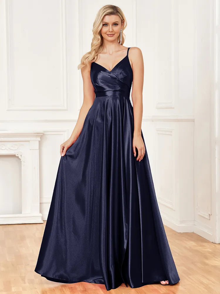 V-Neck Satin Sleeveless Blue Formal Evening Dress | XUIBOL