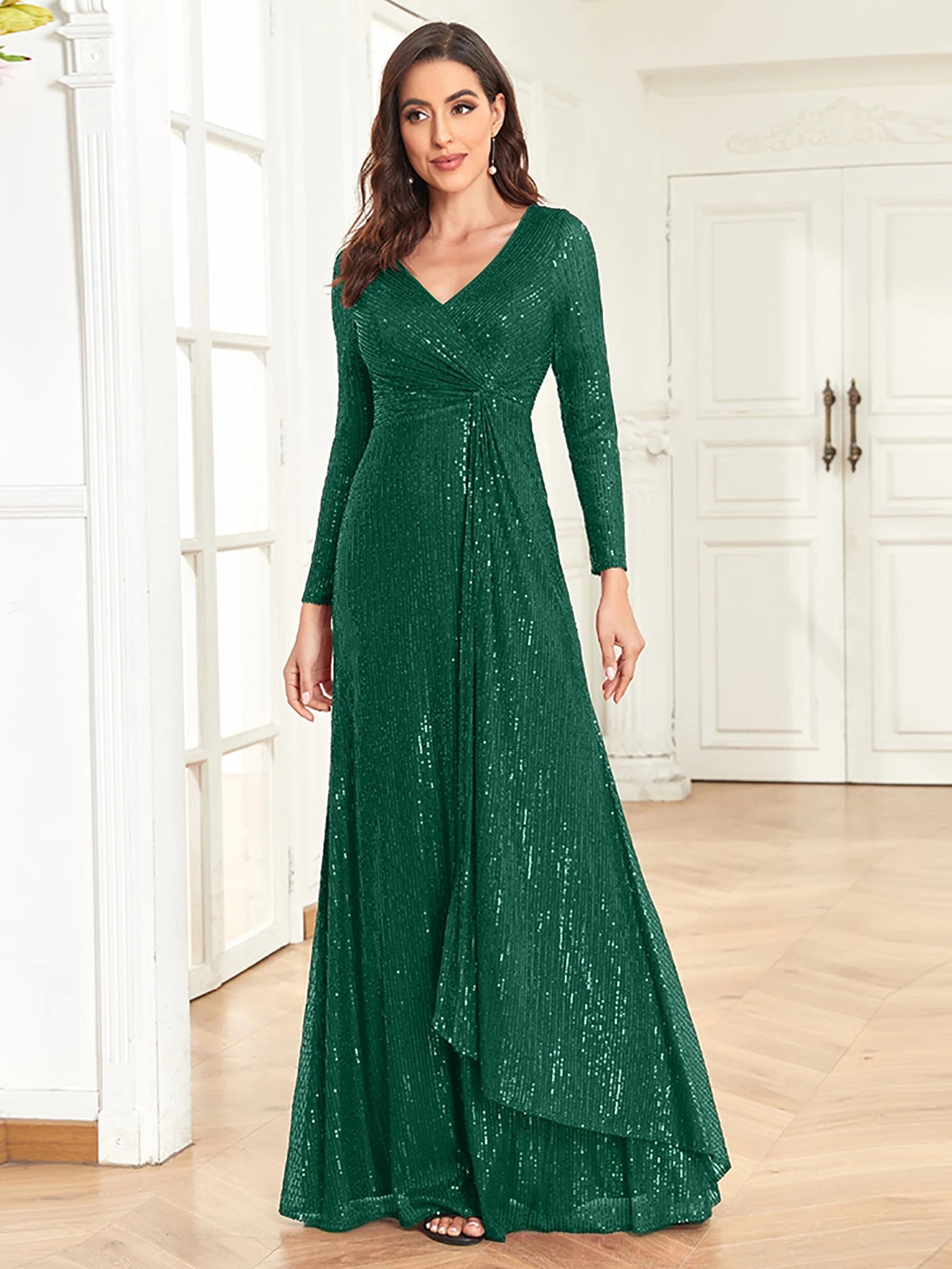XUIBOL Luxury Long Sleeve V-Neck Evening Dress Women Wedding Party Sequins For Female Guests Red Prom Cocktail Dresses