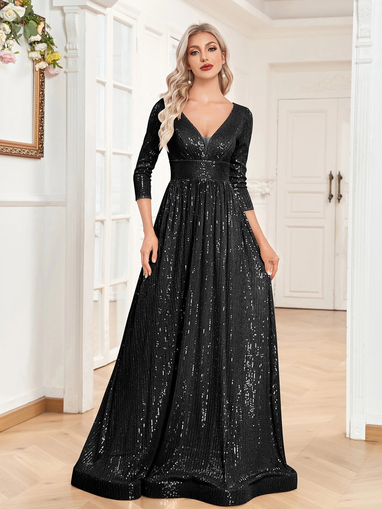 XUIBOL Elegant Sexy Deep V-Neck Sequins Evening Dress Luxury Women Long Sleeves Dress Wedding Party Cocktail Gown Gold Prom