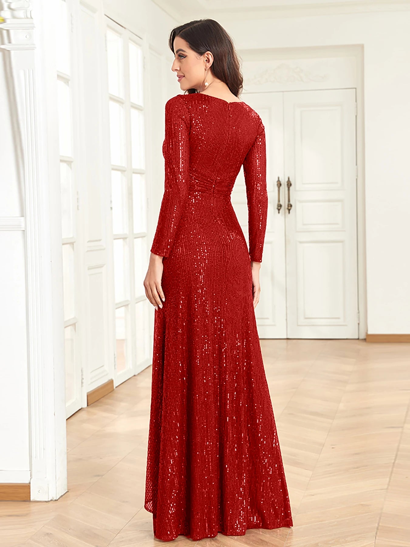 XUIBOL Luxury Long Sleeve V-Neck Evening Dress Women Wedding Party Sequins For Female Guests Red Prom Cocktail Dresses
