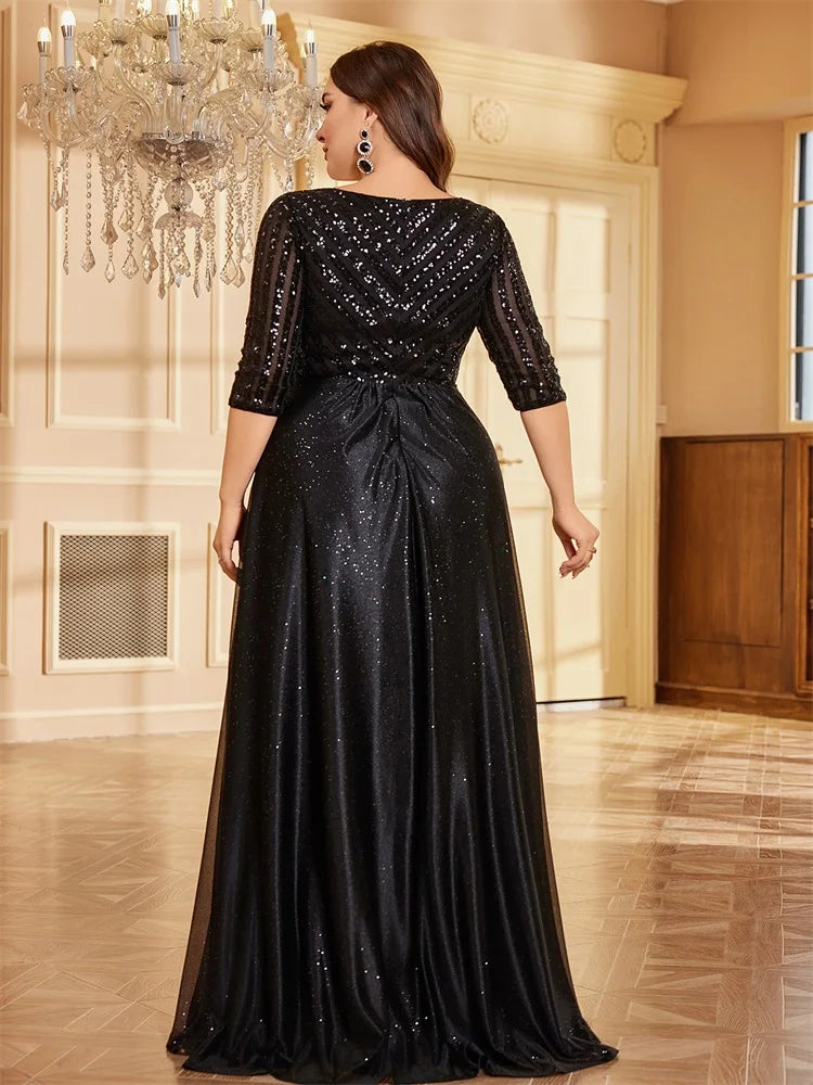 Plus Size Luxury Prom Dress Long V Neck A-Line Sequin With 3/4 Sleeve Blue Bridesmaid dress | XUIBOL