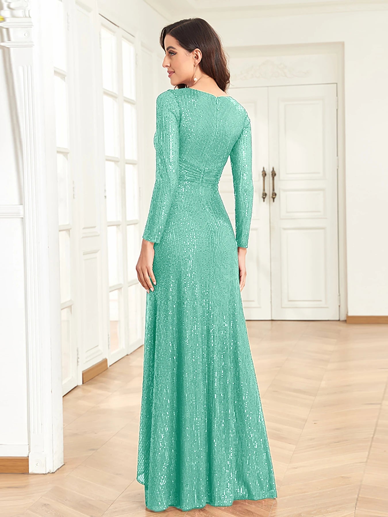 XUIBOL Luxury Long Sleeve V-Neck Evening Dress Women Wedding Party Sequins For Female Guests Red Prom Cocktail Dresses