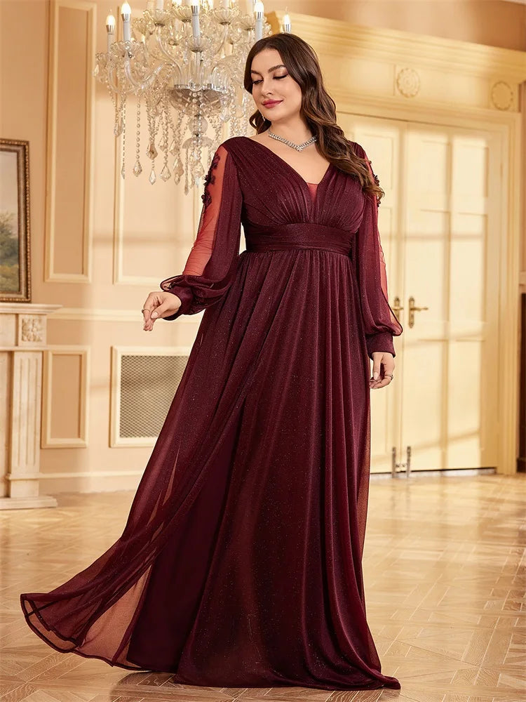 Plus Size Long Sleeves Sparkle Bling Bling Floor Length Split Evening Dress | XUIBOL