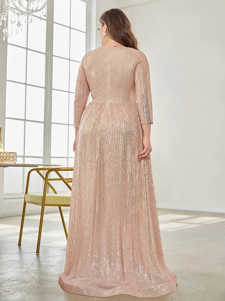 Plus Size Luxury V-Neck Long Sleeves Sequins Evening Dress | XUIBOL