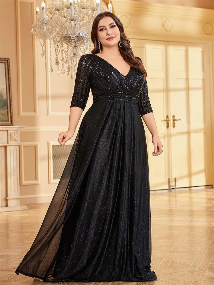 Plus Size Luxury Prom Dress Long V Neck A-Line Sequin With 3/4 Sleeve Blue Bridesmaid dress | XUIBOL