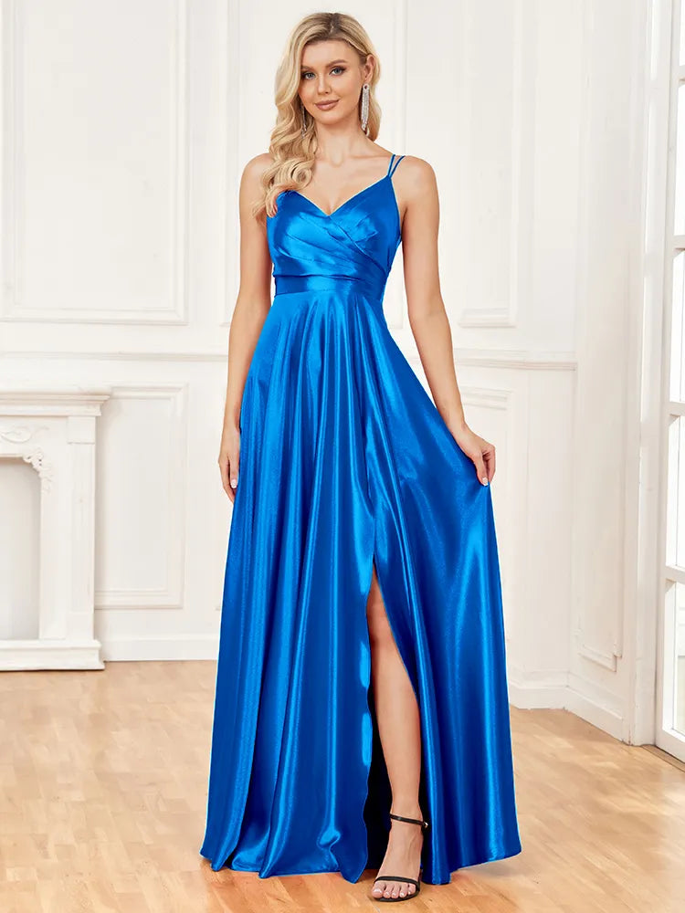 V-Neck Satin Sleeveless Blue Formal Evening Dress | XUIBOL
