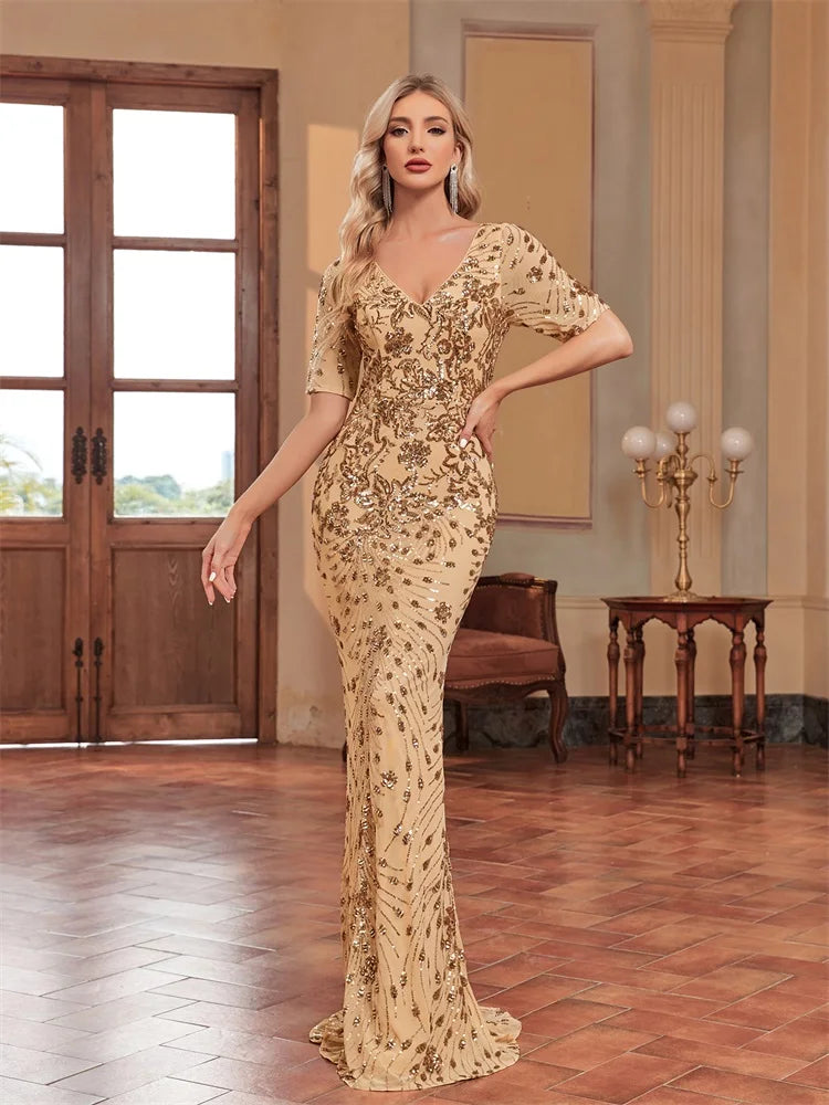 Plus Size Elegant Vneck Sequins Evening Dress | XUIBOL