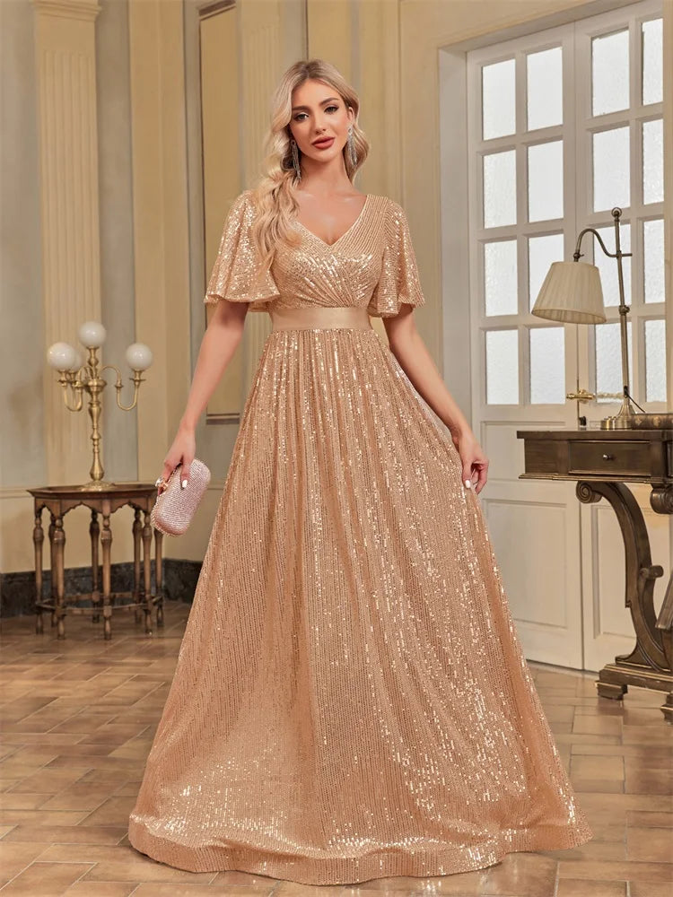 Plus Size Luxury V-Neck Short Sleeves Formal Evening Dress | XUIBOL