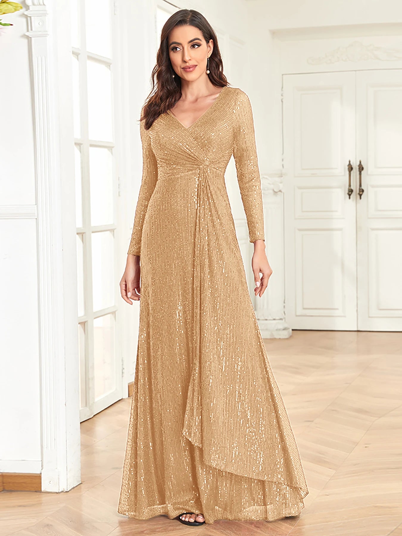 XUIBOL Luxury Long Sleeve V-Neck Evening Dress Women Wedding Party Sequins For Female Guests Red Prom Cocktail Dresses