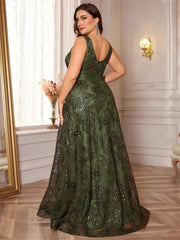Luxury Sexy Deep V-Neck Sequins Green Evening Dress