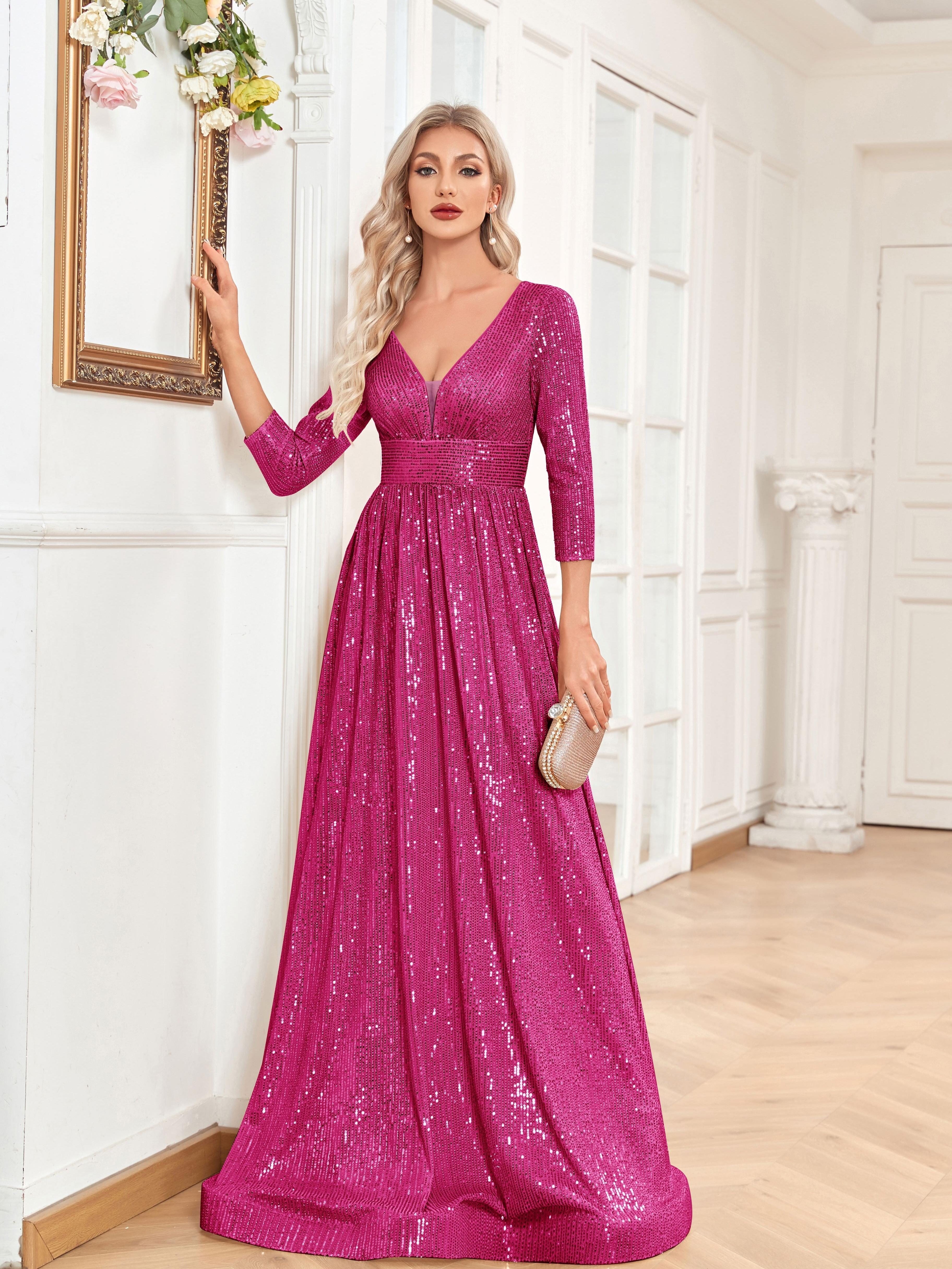 High Waist Sequined Maxi Dress, V Neck Gown Dress For Bridesmaid, Cocktail Party | XUIBOL