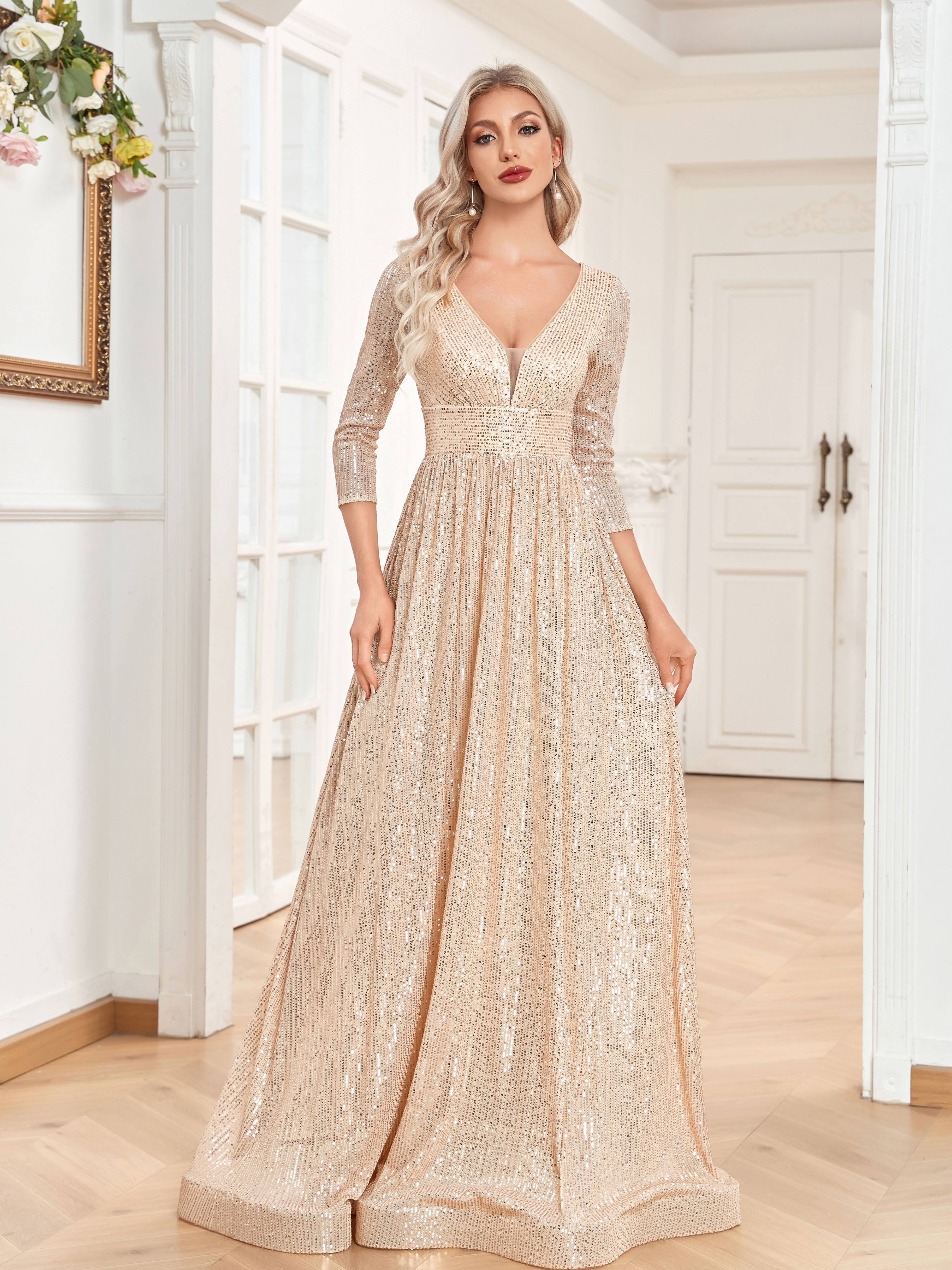 High Waist Sequined Maxi Dress, V Neck Gown Dress For Bridesmaid, Cocktail Party | XUIBOL