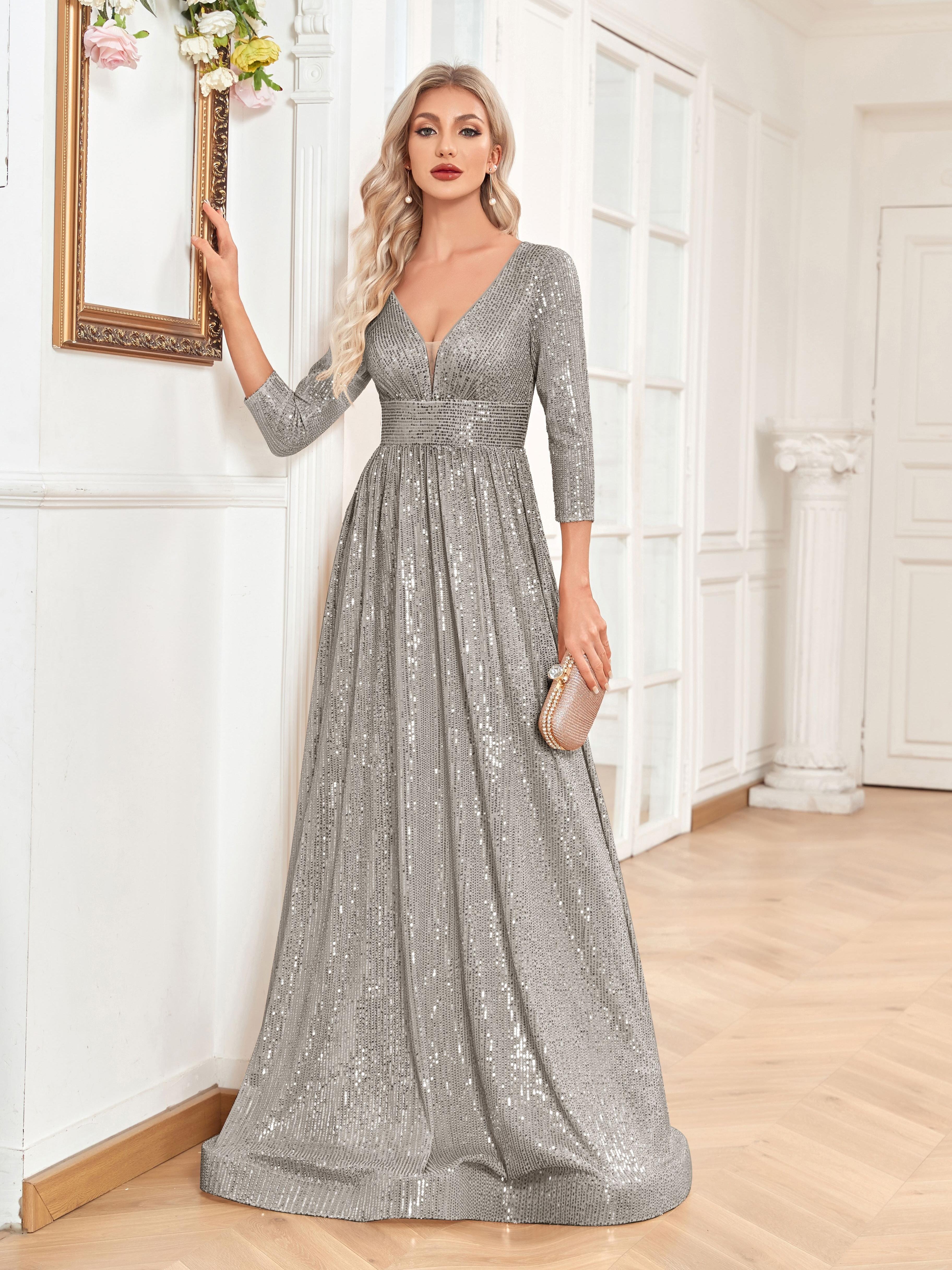 High Waist Sequined Maxi Dress, V Neck Gown Dress For Bridesmaid, Cocktail Party | XUIBOL