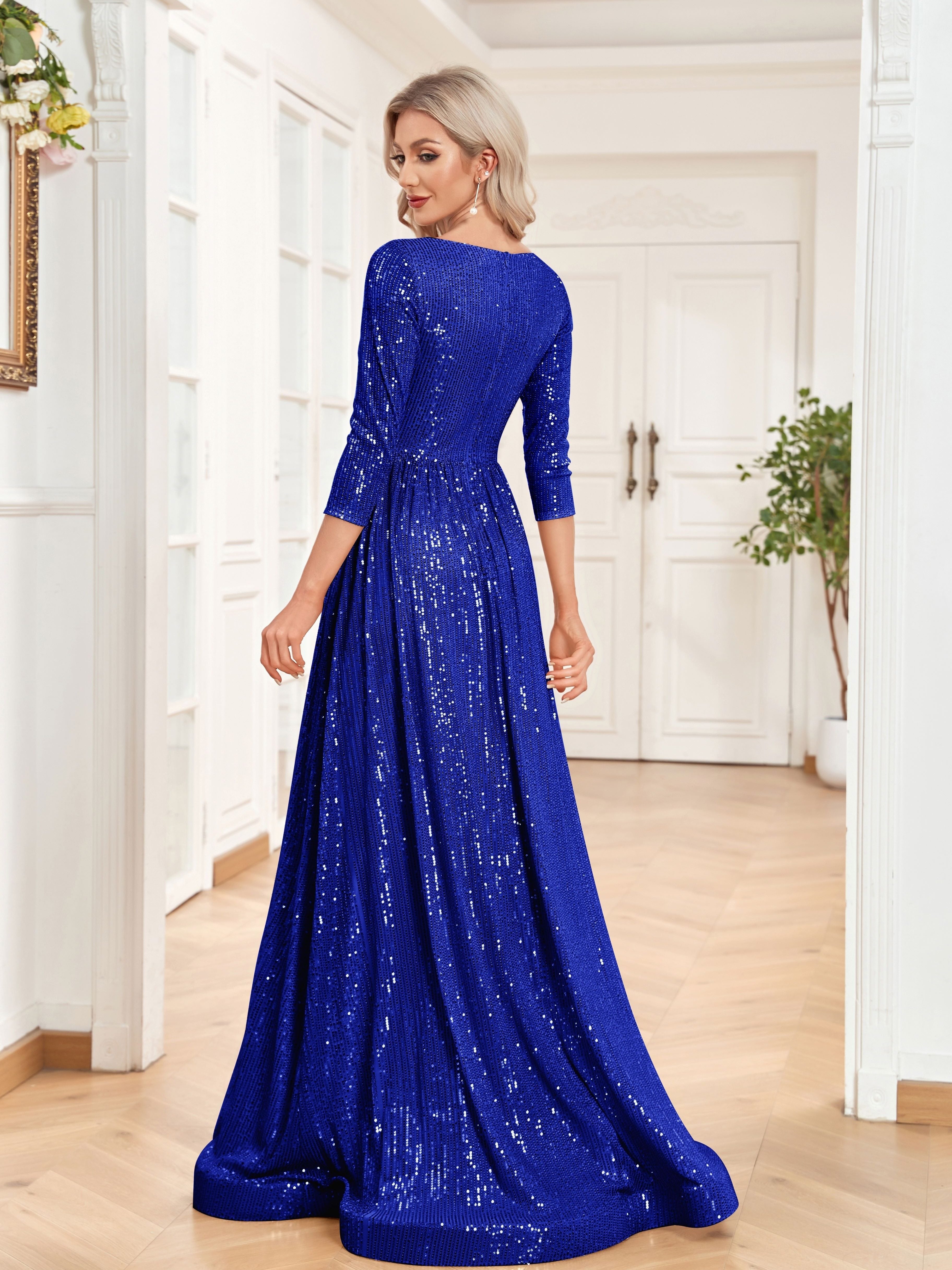 High Waist Sequined Maxi Dress, V Neck Gown Dress For Bridesmaid, Cocktail Party | XUIBOL