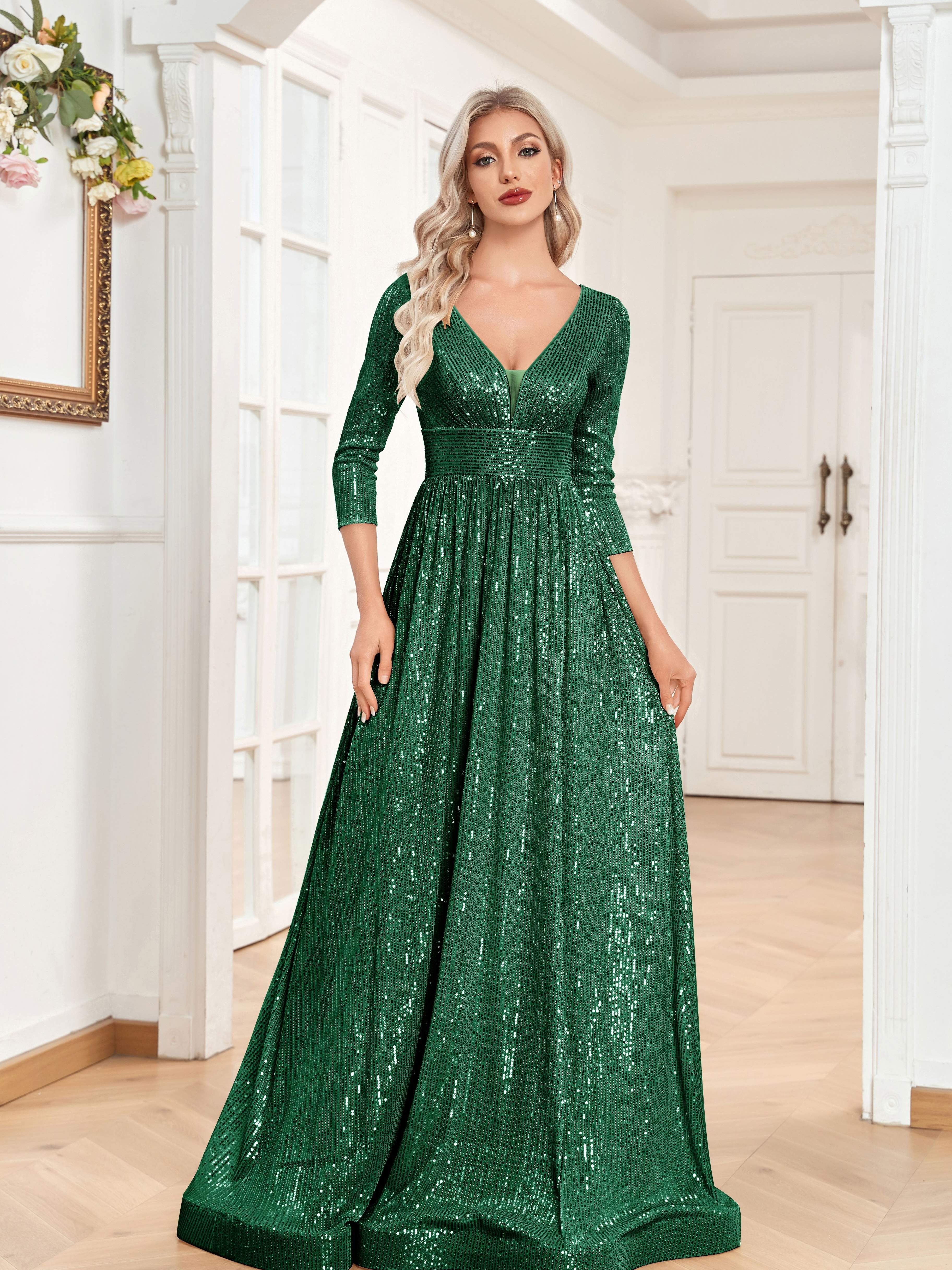 High Waist Sequined Maxi Dress, V Neck Gown Dress For Bridesmaid, Cocktail Party | XUIBOL