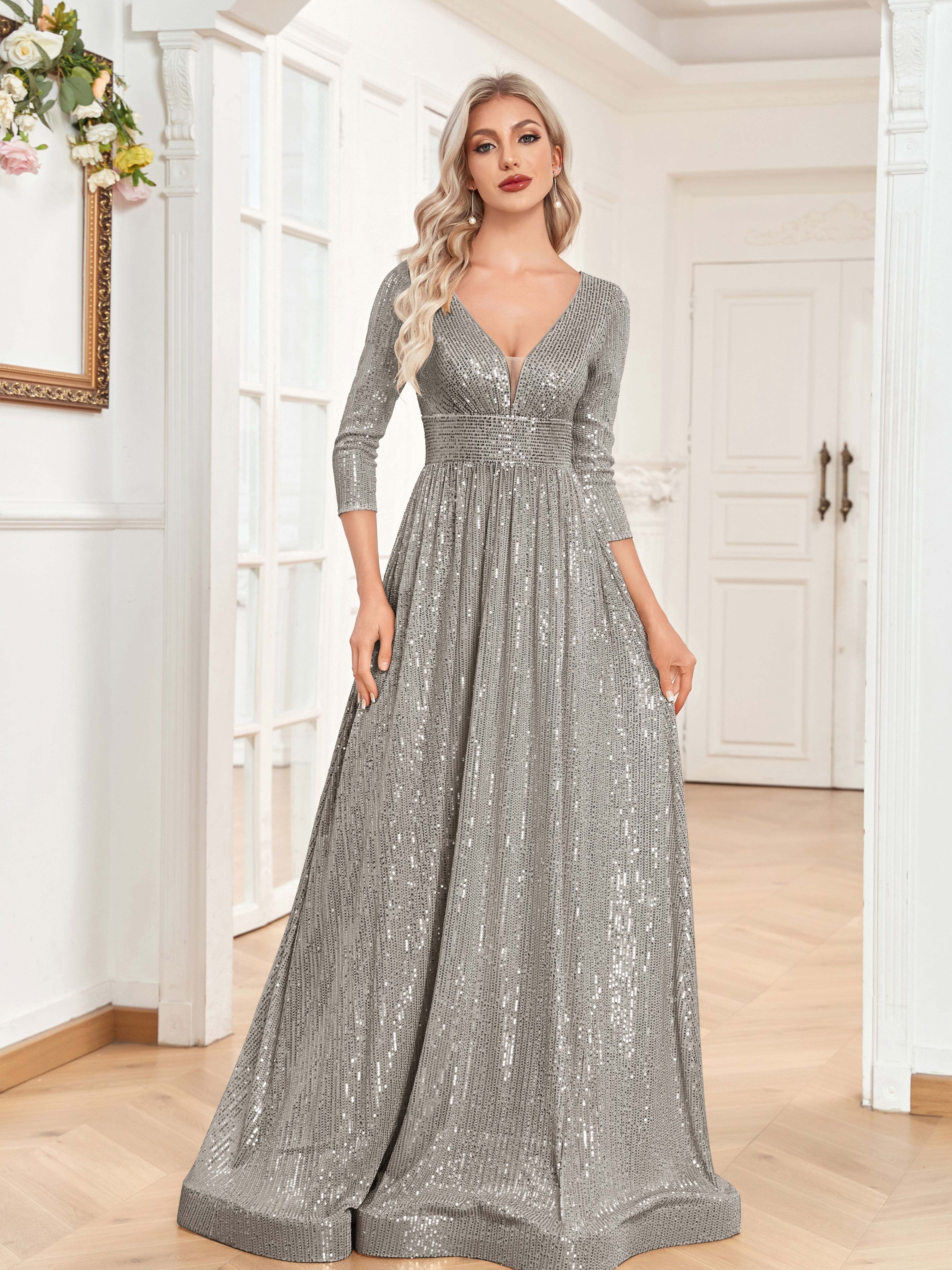 High Waist Sequined Maxi Dress, V Neck Gown Dress For Bridesmaid, Cocktail Party | XUIBOL