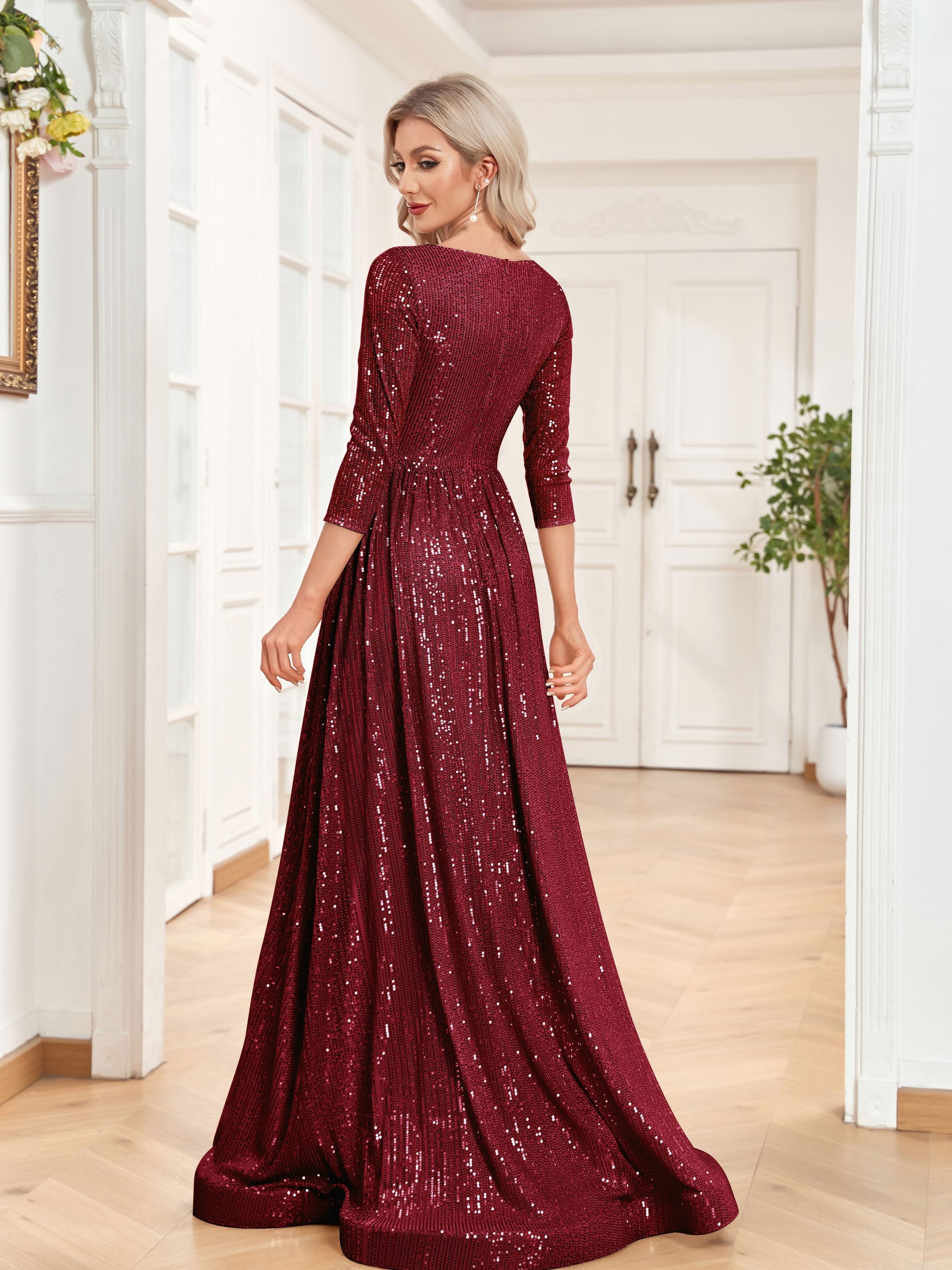 High Waist Sequined Maxi Dress, V Neck Gown Dress For Bridesmaid, Cocktail Party | XUIBOL