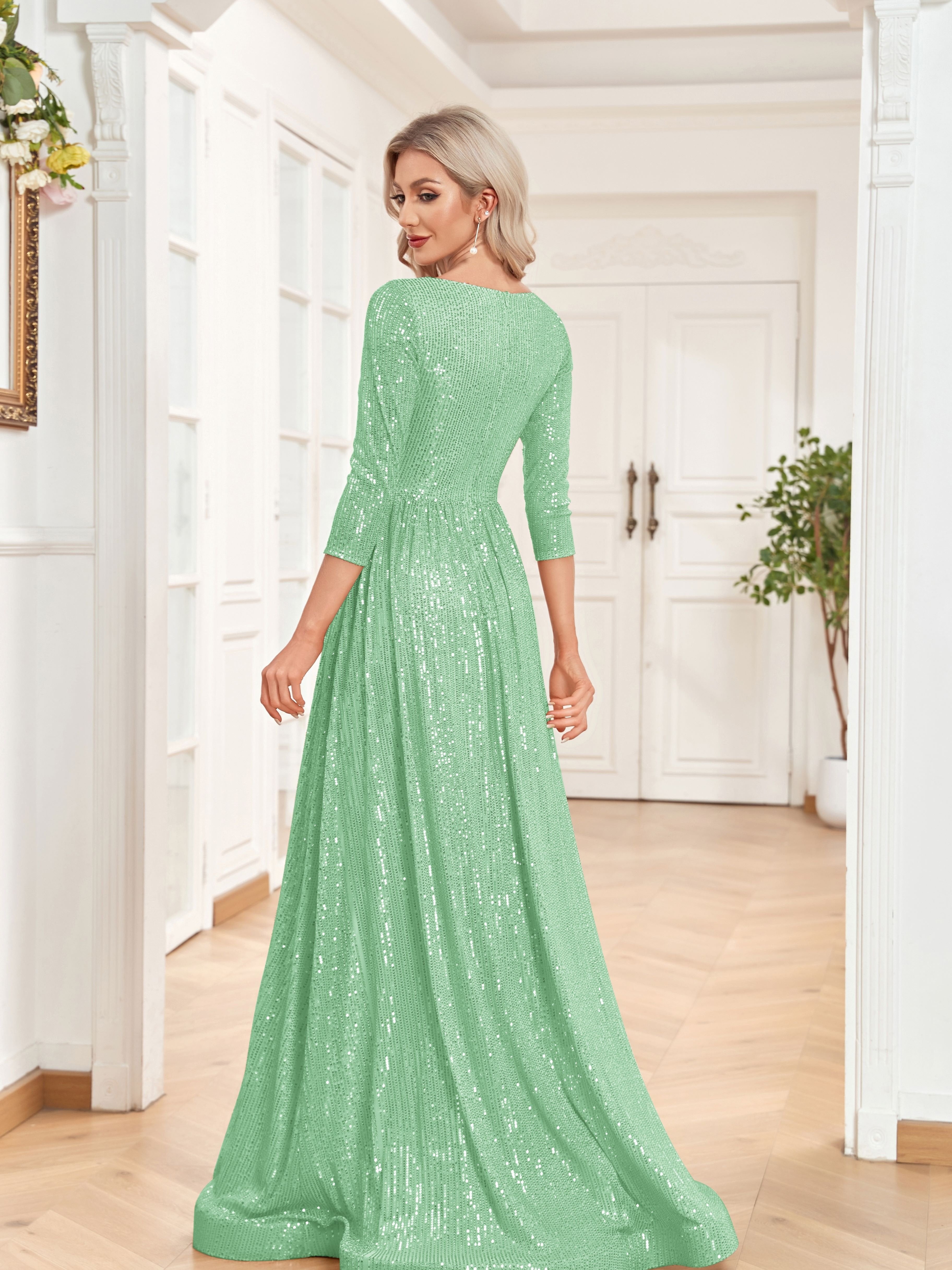High Waist Sequined Maxi Dress, V Neck Gown Dress For Bridesmaid, Cocktail Party | XUIBOL