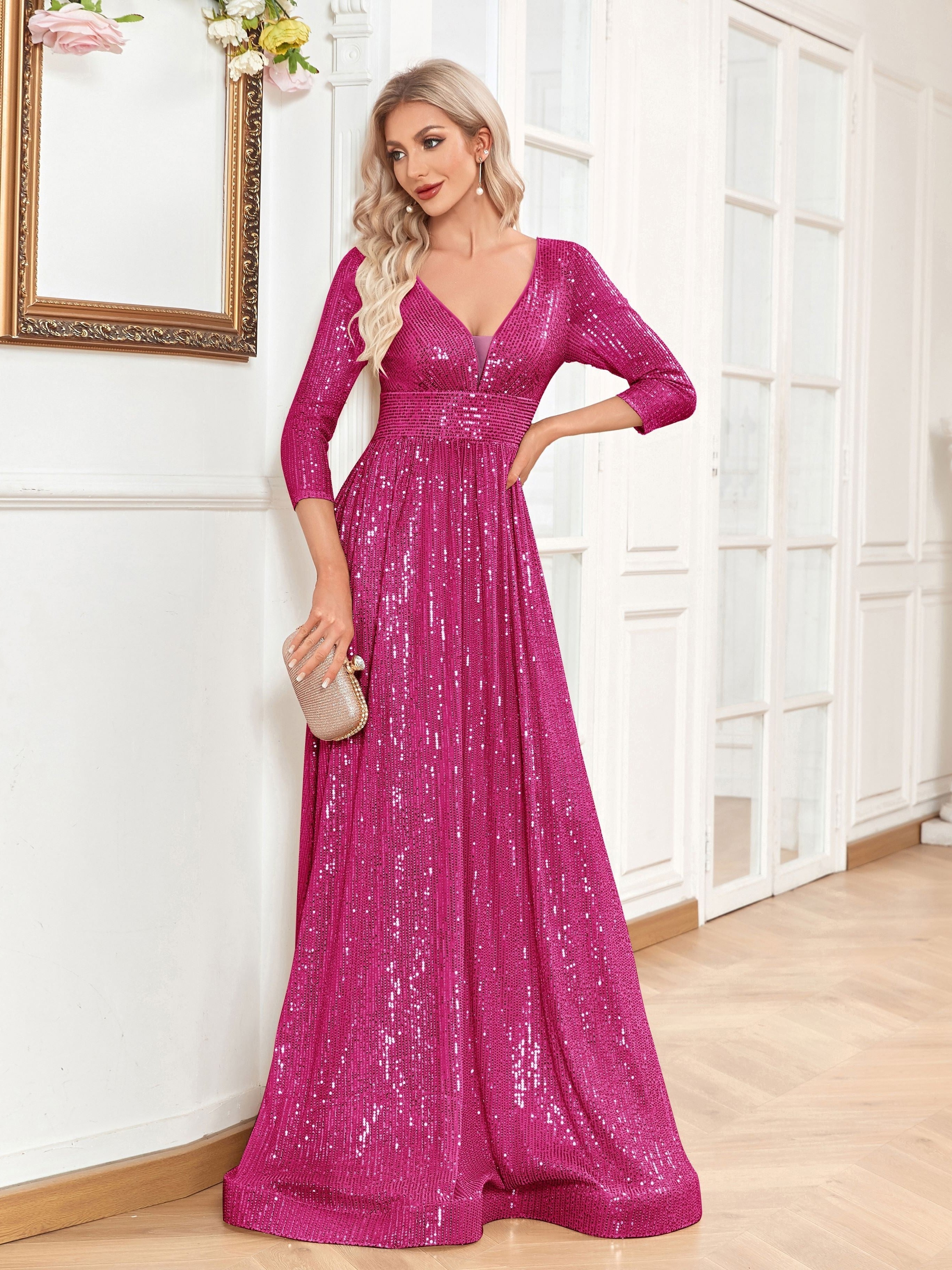 High Waist Sequined Maxi Dress, V Neck Gown Dress For Bridesmaid, Cocktail Party | XUIBOL
