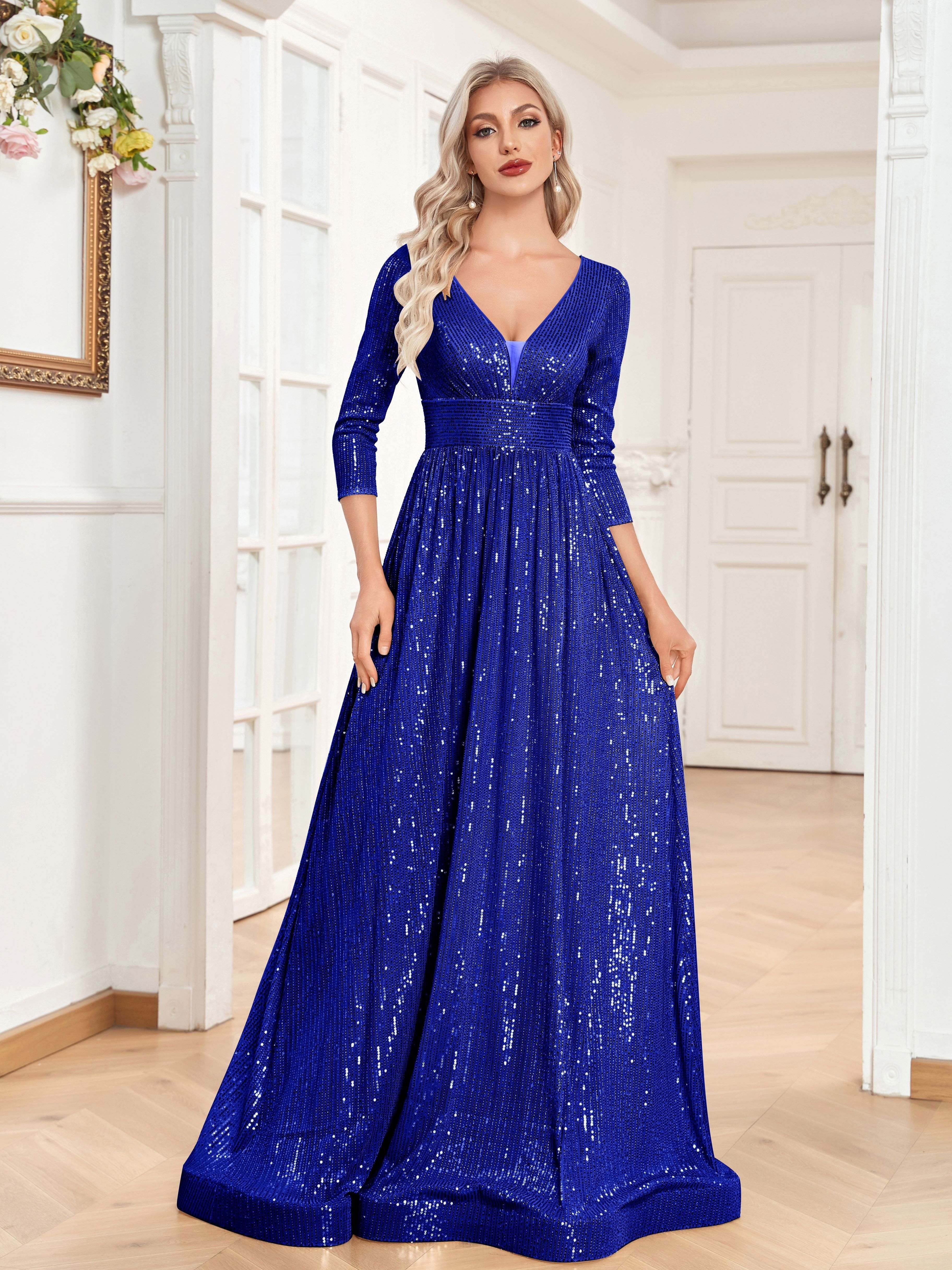 High Waist Sequined Maxi Dress, V Neck Gown Dress For Bridesmaid, Cocktail Party | XUIBOL