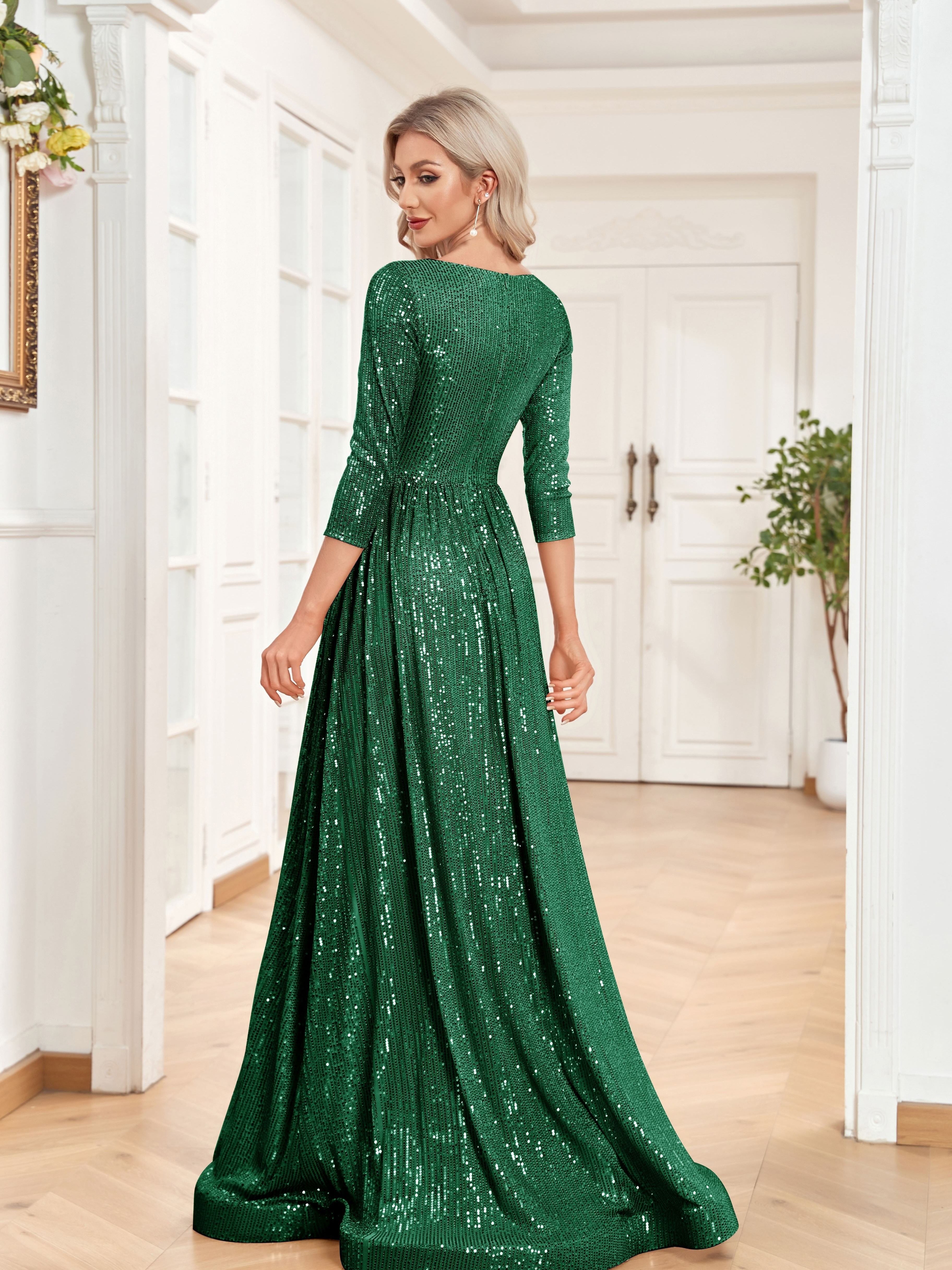 High Waist Sequined Maxi Dress, V Neck Gown Dress For Bridesmaid, Cocktail Party | XUIBOL