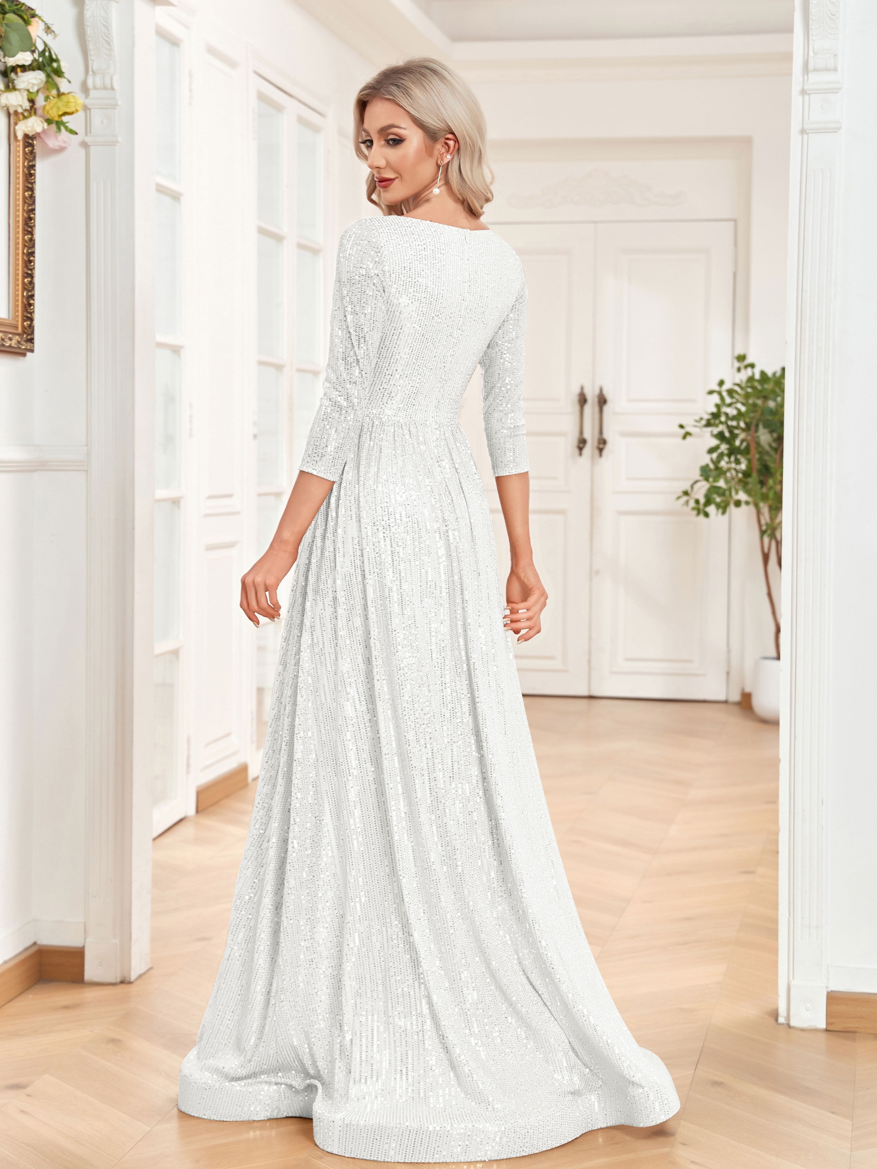 High Waist Sequined Maxi Dress, V Neck Gown Dress For Bridesmaid, Cocktail Party | XUIBOL