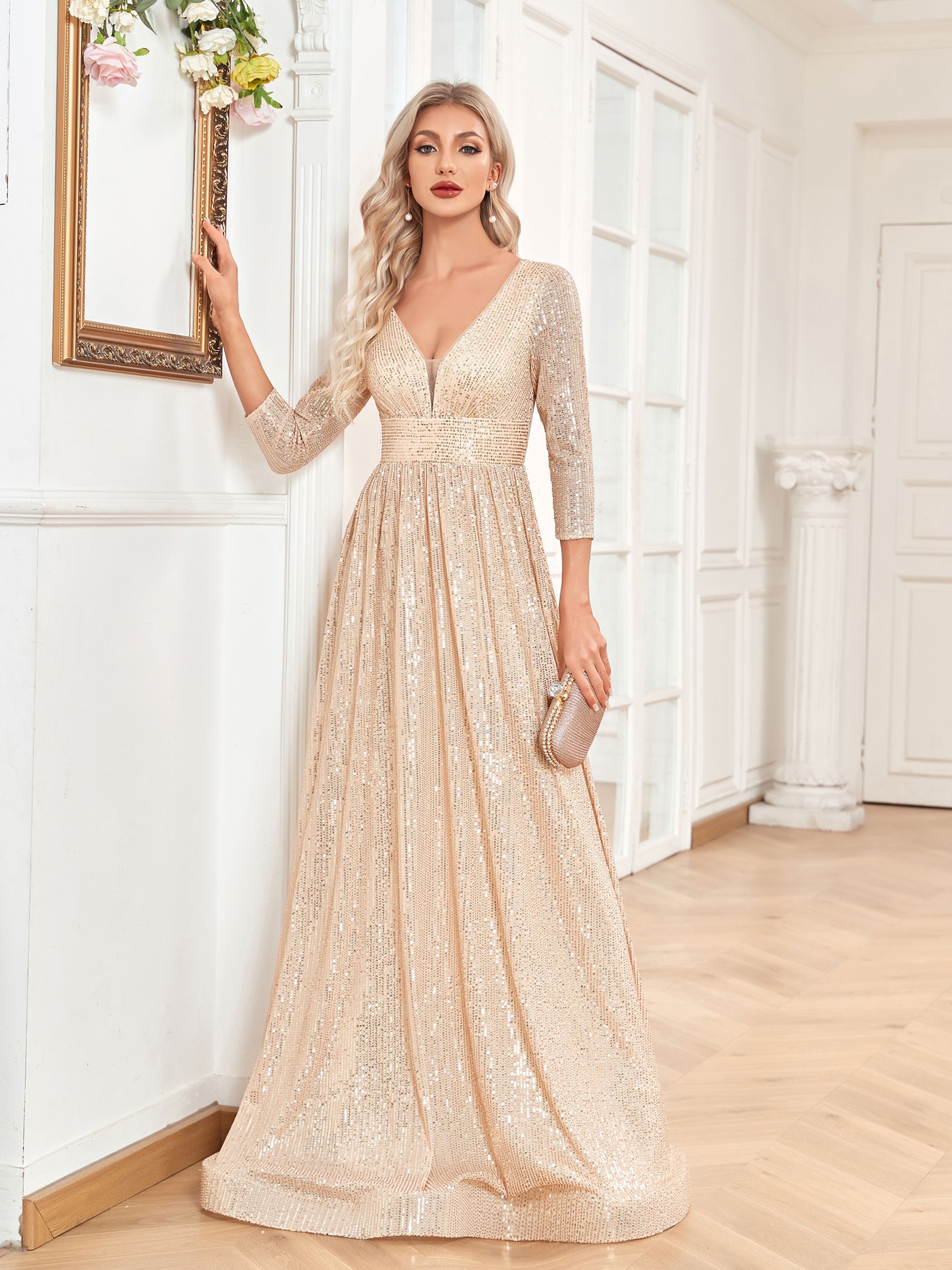 High Waist Sequined Maxi Dress, V Neck Gown Dress For Bridesmaid, Cocktail Party | XUIBOL