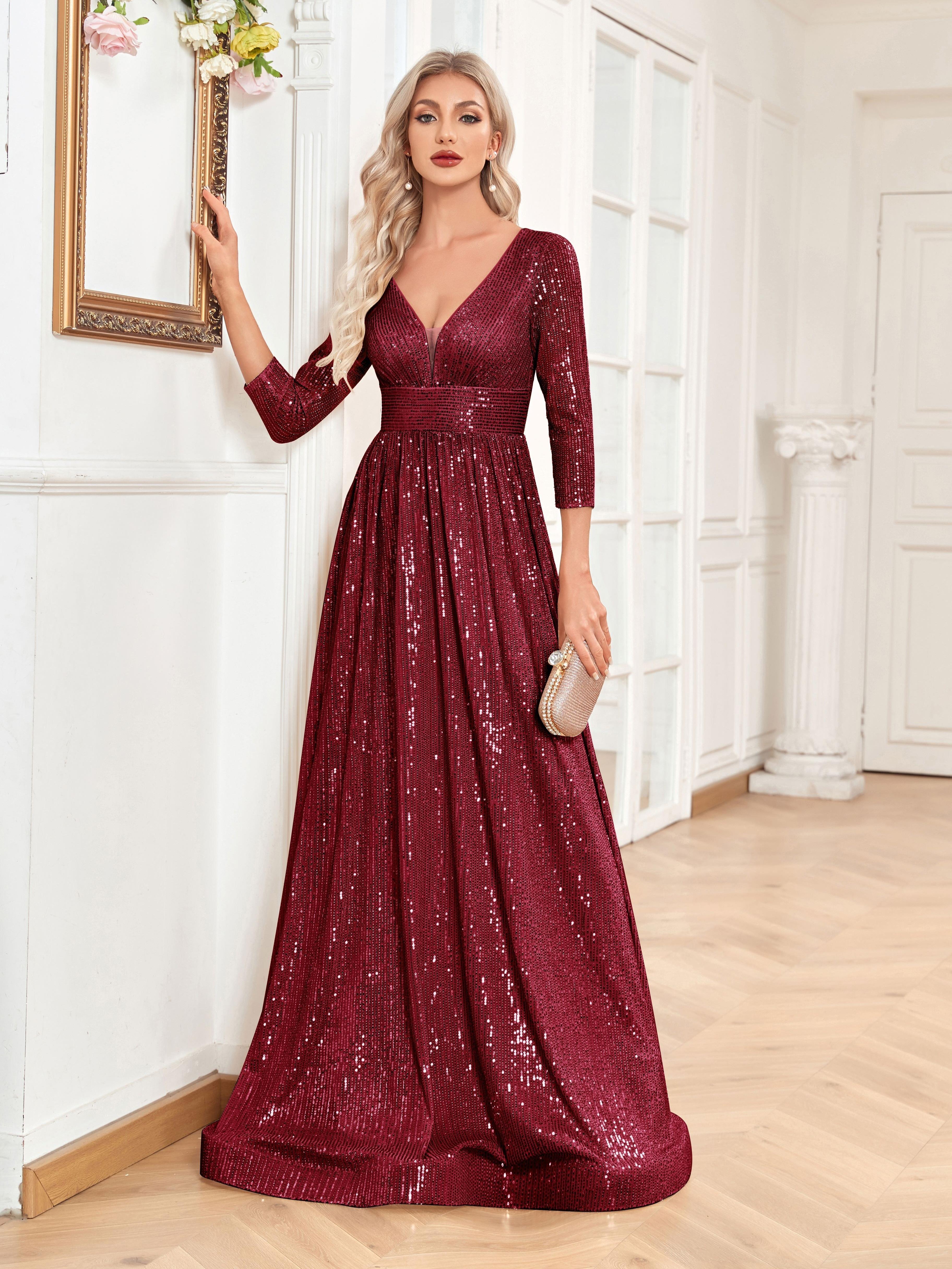 High Waist Sequined Maxi Dress, V Neck Gown Dress For Bridesmaid, Cocktail Party | XUIBOL