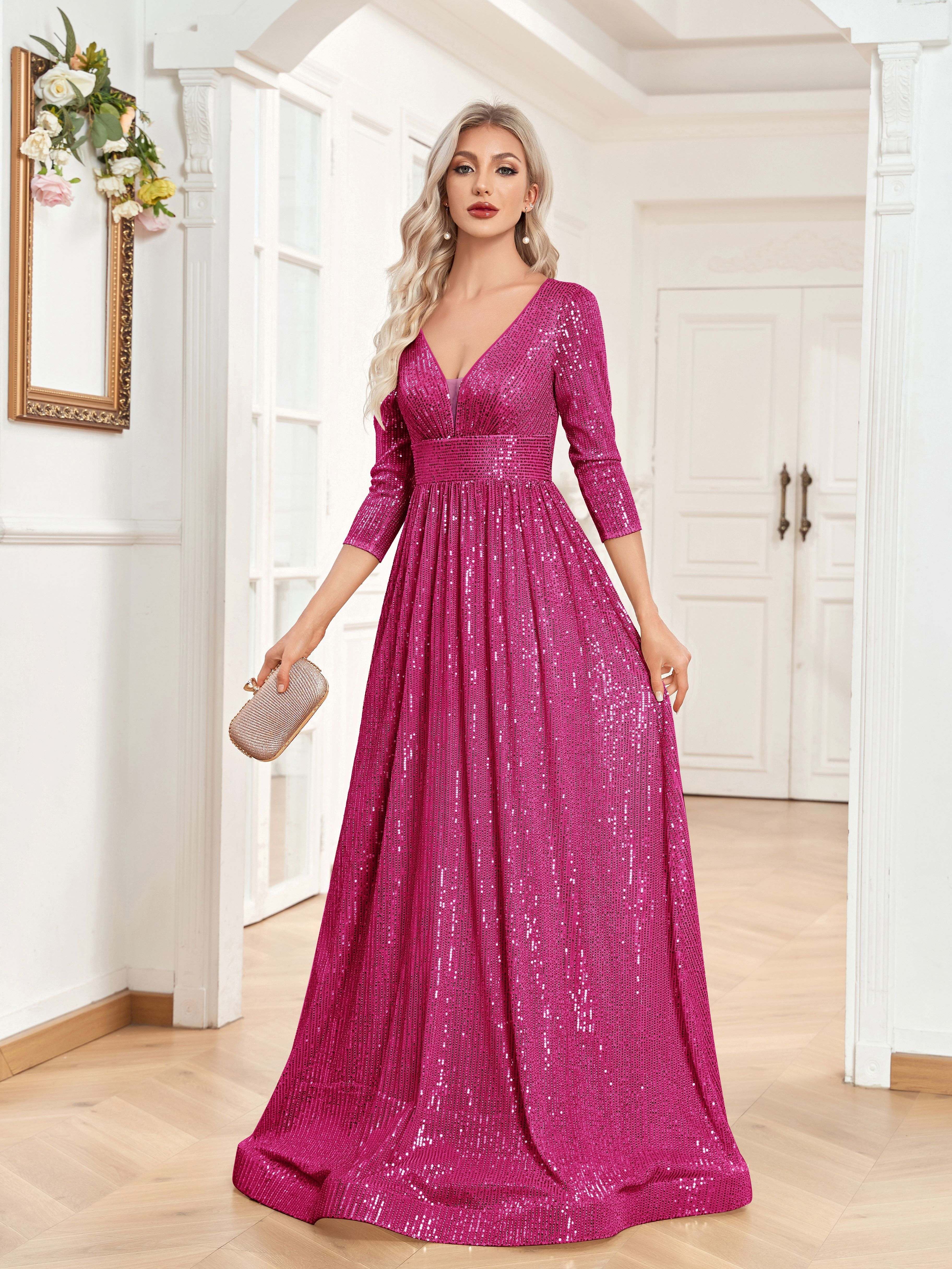High Waist Sequined Maxi Dress, V Neck Gown Dress For Bridesmaid, Cocktail Party | XUIBOL