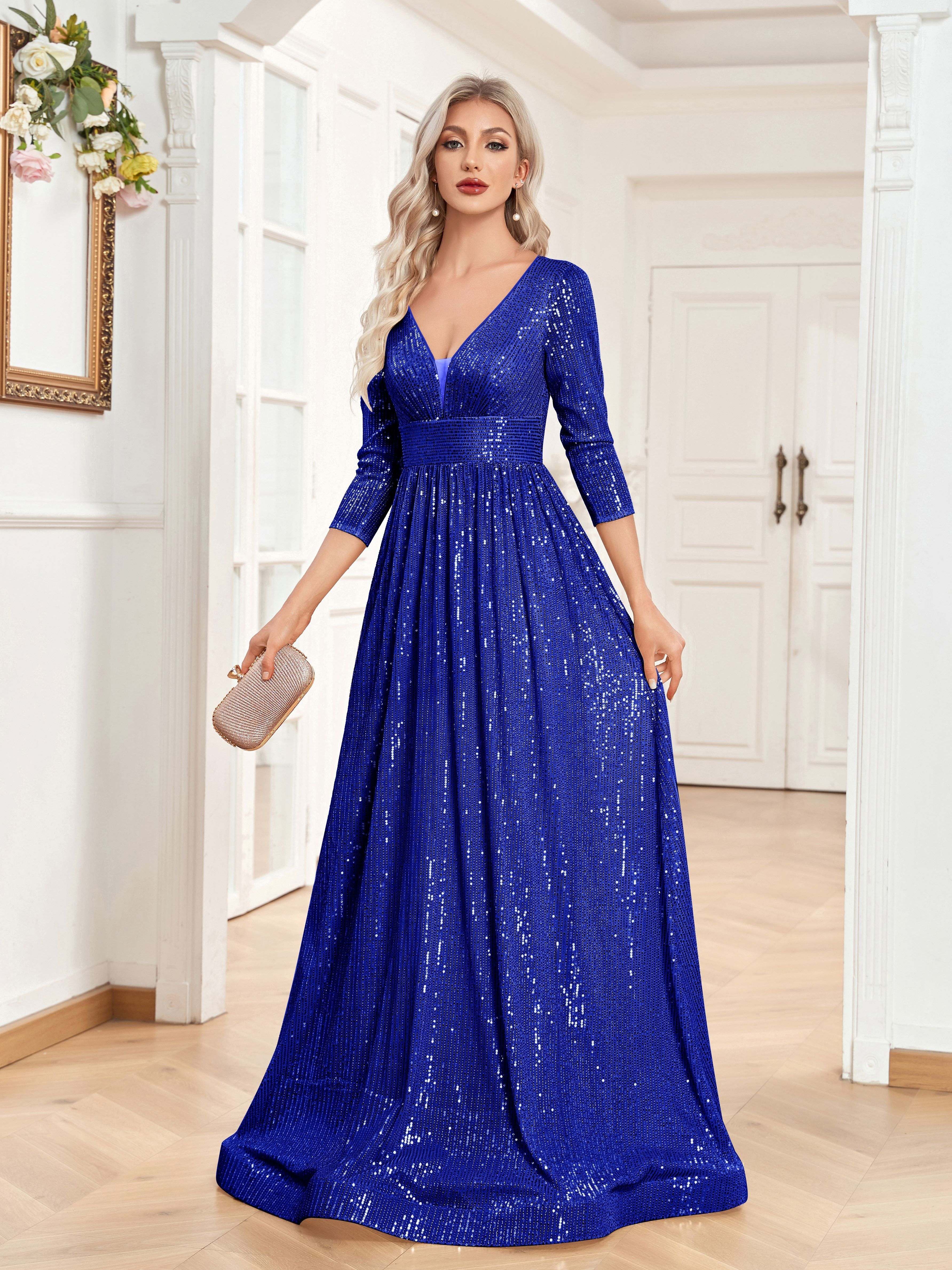 High Waist Sequined Maxi Dress, V Neck Gown Dress For Bridesmaid, Cocktail Party | XUIBOL