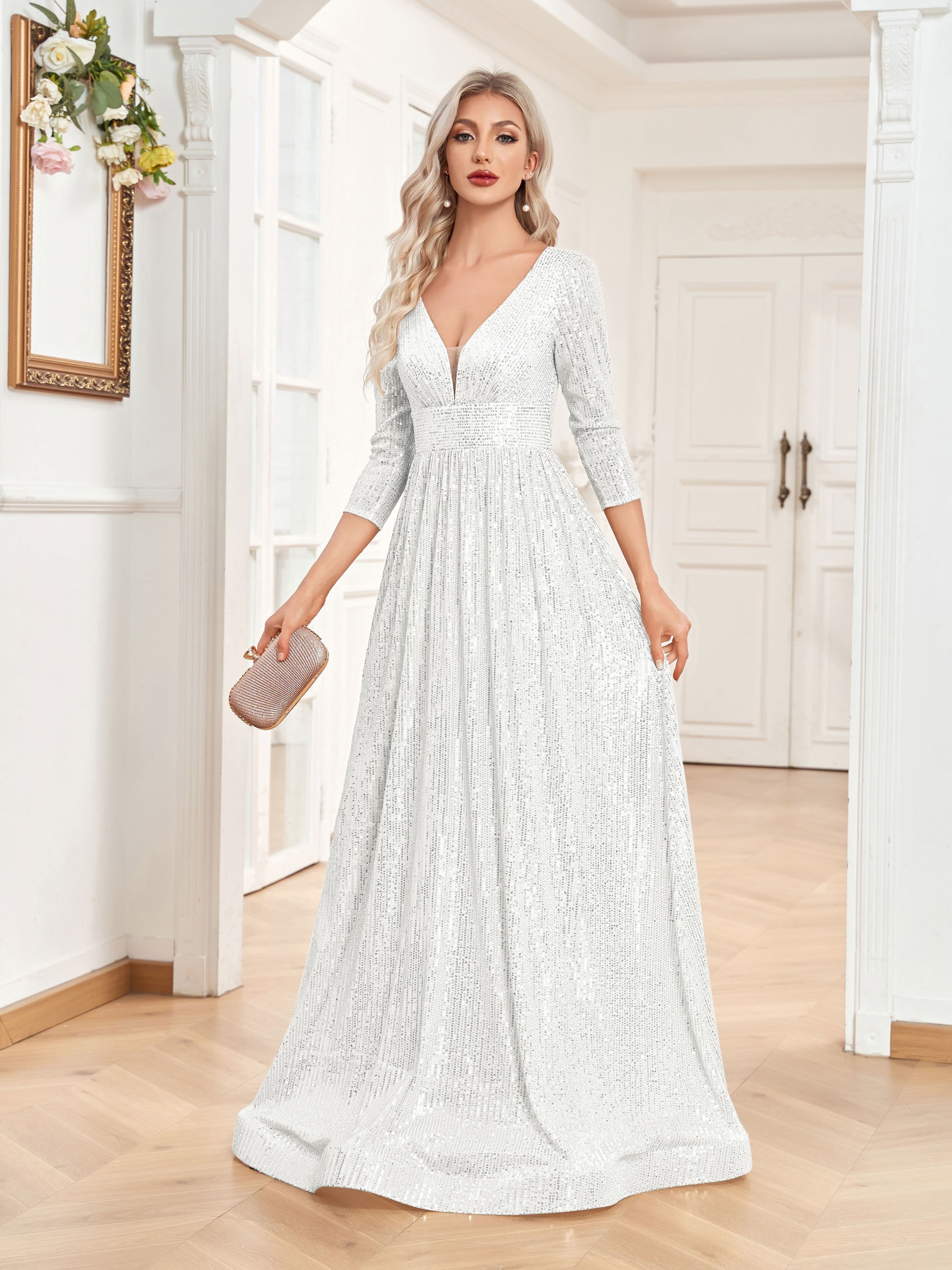 High Waist Sequined Maxi Dress, V Neck Gown Dress For Bridesmaid, Cocktail Party | XUIBOL