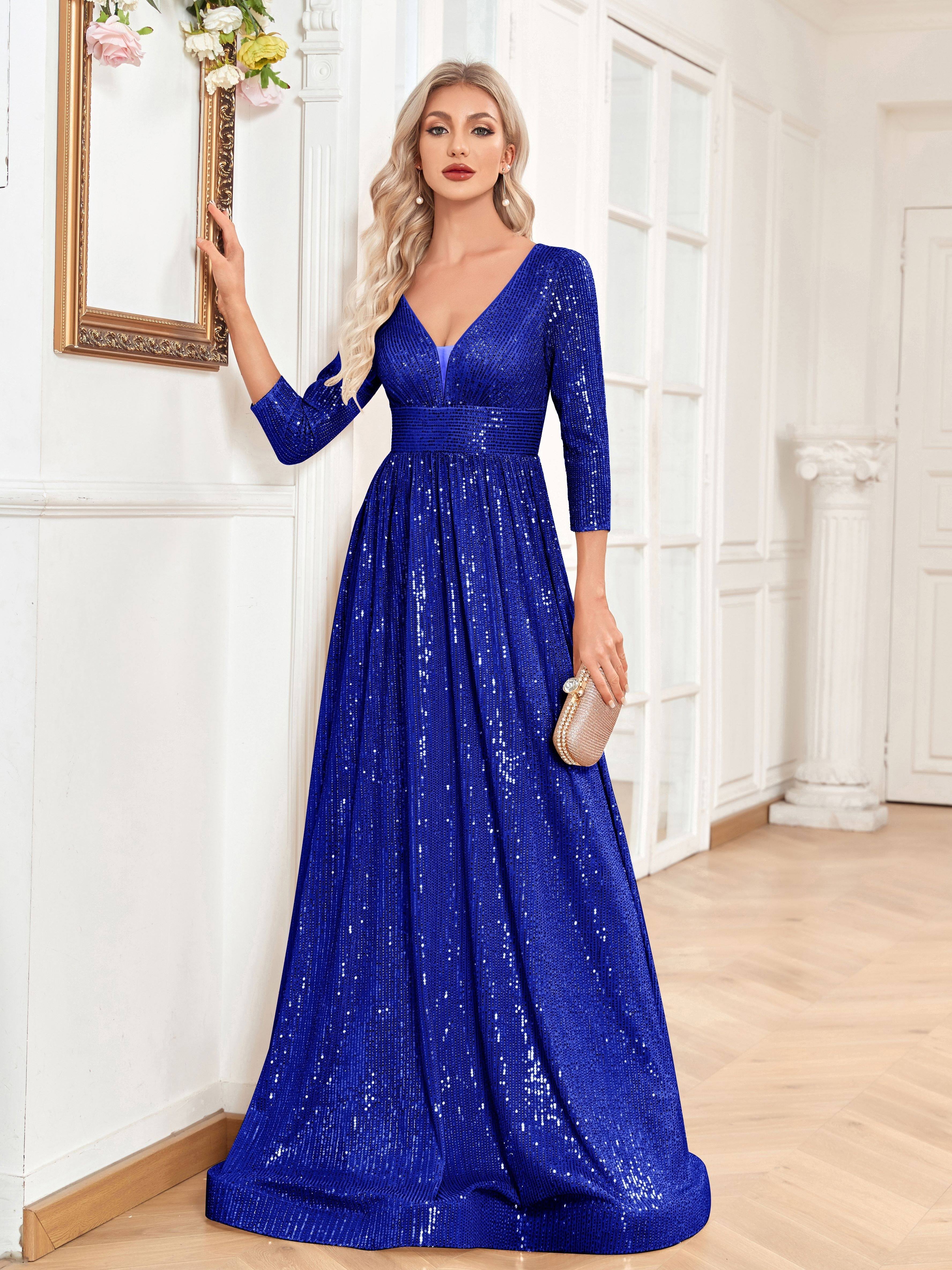 High Waist Sequined Maxi Dress, V Neck Gown Dress For Bridesmaid, Cocktail Party | XUIBOL